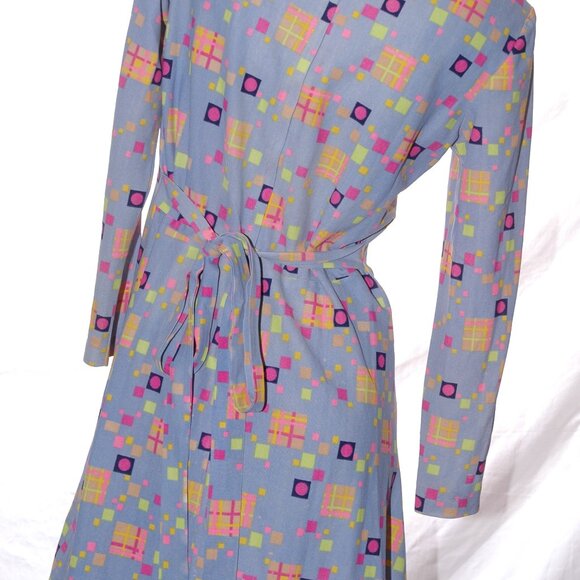 Neon Geo Art Dress Empire Waist Tie A-Line Tunic Vintage 70s Womens S/M - Picture 6 of 9